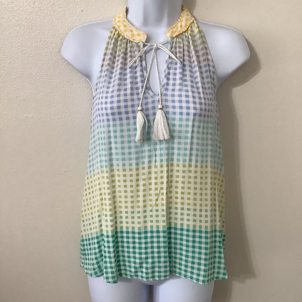 LC Lauren Conrad Gingham Cottagecore Springtime Easter Colorful Tassel Blouse XS